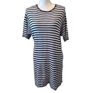 Eileen Fisher Striped Organic Linen Knit Tunic Navy White Coastal